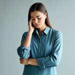 A serene person, standing contemplatively in a softly lit, minimalist studio. Dressed in comfortable, modest, and professional attire. One hand gently touching their temple, suggesting deep thought. The background features subtle, abstract, flowing lines or shapes in calming colors, symbolizing the complexity of inner emotions and thoughts being brought into awareness. The mood is calm, insightful, and hopeful. Professional studio photography, soft focus, high resolution, fully clothed, modest clothing, appropriate attire, professional dress, safe for work, appropriate content, family-friendly, perfect anatomy, correct proportions, natural pose, well-formed hands, proper finger count, natural body proportions.